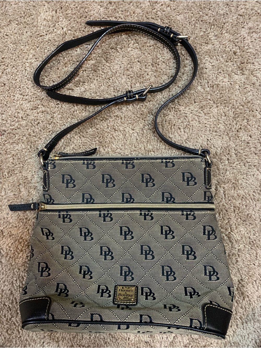 Dooney & Bourke Tan and Black DB Logo Quilted Crossbody